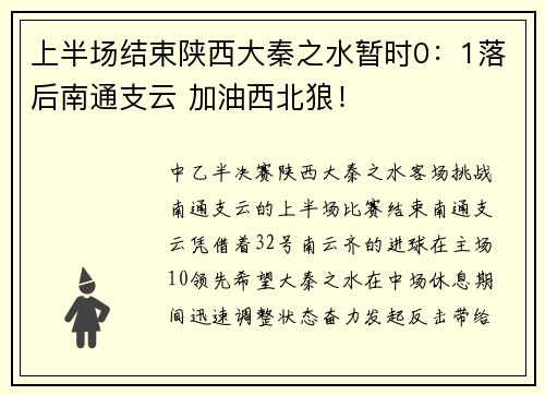 上半场结束陕西大秦之水暂时0:1落后南通支云 加油西北狼!