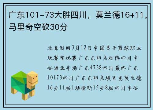 广东101-73大胜四川，莫兰德16+11，马里奇空砍30分